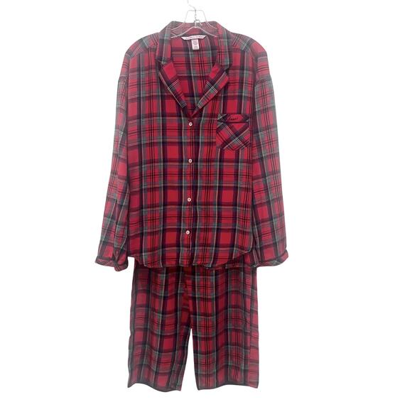 Victoria's Secret Pajama Set Womens Large Red Plaid Button Top Drawstring Pants - Picture 2 of 12